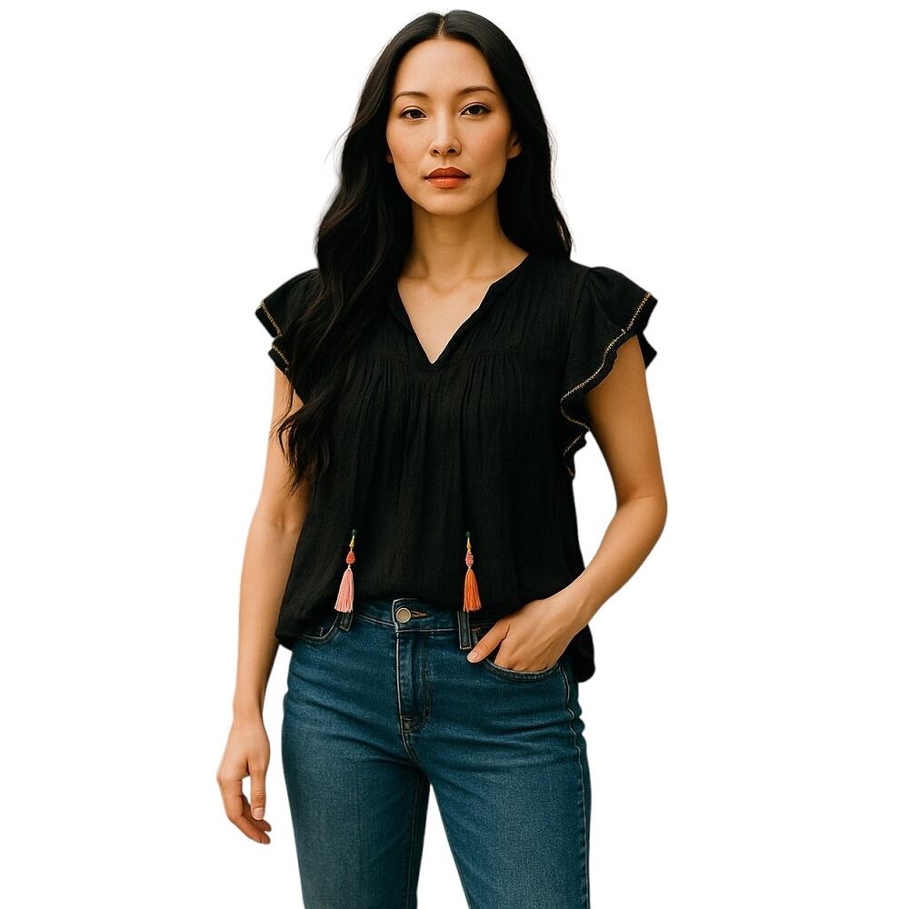 Anthropologie Dolan Black Multicolored Embroidered Tassel Top
